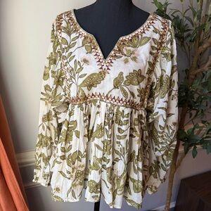 World Market Boho Floral Babydoll Top Peasant Blouse Cotton S/M